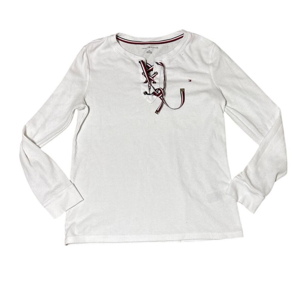Tommy Hilfiger White Lace-Up Henley Long Sleeve Top Women's